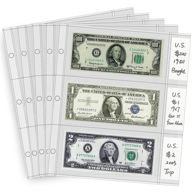 tutata Currency Sleeves with Label Pockets  50 PCS Banknote Sleeves  3-Pocket Page Protector for 3 Ring Binder 8.5 x 11  Currency Holder for Bills  Bill Protector - Image 1
